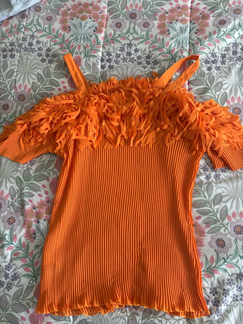 Women's Orange Fringe Cold-Shoulder Pleated Blouse